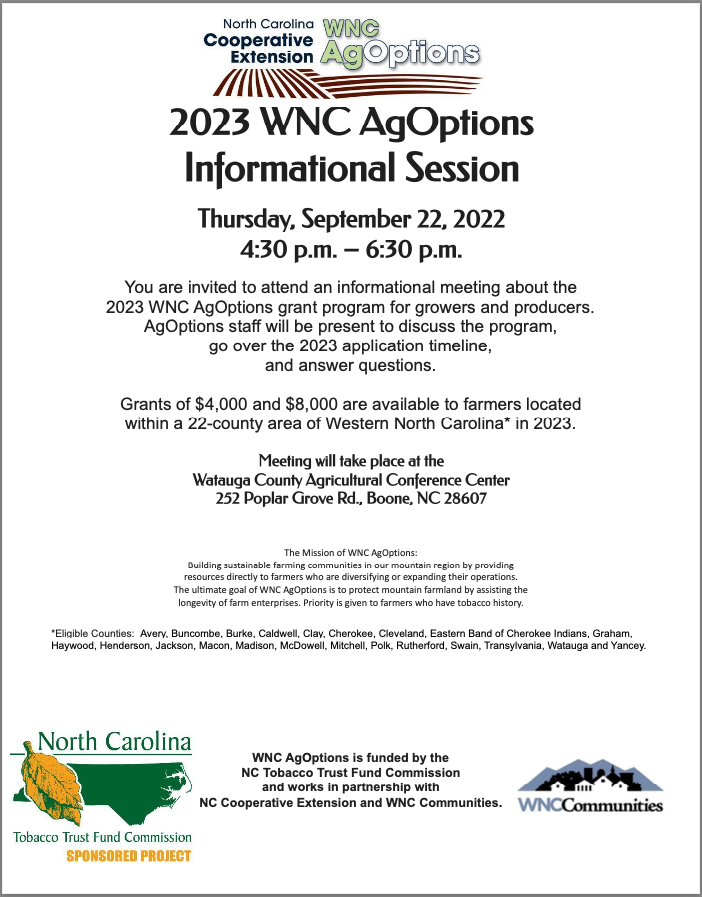 2023 WNC AgOptions Info session in Watauga September 22, 2022 4:30 p.m.-6:30 p.m.