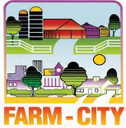Farm-City Logo with farmland illustration above urban illustration