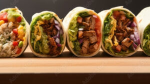3 wraps with meat and lettuce inside them.